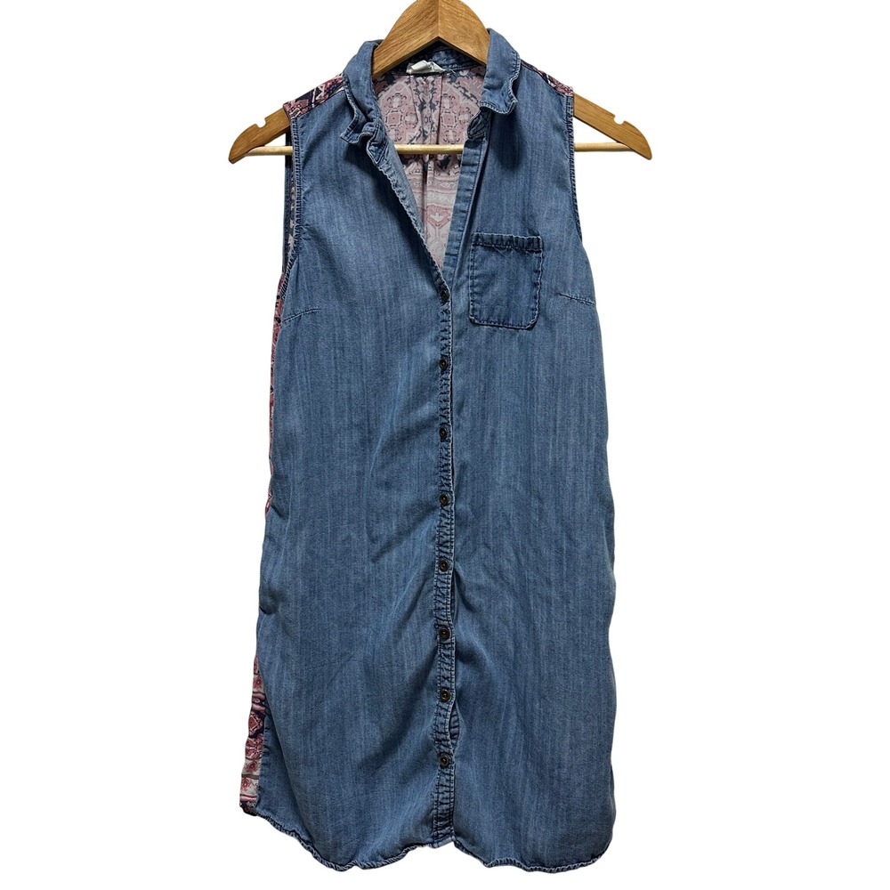 Tribal‎ Jeans Shirt Dress Womens XS Blue Denim Boho Tapestry Back Sleeveless